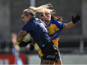 16 April 2023; Kildare goalkeeper Mary Hulgraine is tackled by Orla Devitt of Clare during the 2023 Lidl Ladies National Football League Division 3 Final match between Clare and Kildare at Parnell Park in Dublin. Photo by Piaras Ó Mídheach/Sportsfile