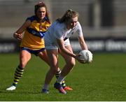 16 April 2023; Aoife Rattigan of Kildare in action against Fidelma Marrinan of Clare during the 2023 Lidl Ladies National Football League Division 3 Final match between Clare and Kildare at Parnell Park in Dublin. Photo by Piaras Ó Mídheach/Sportsfile