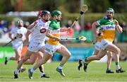 16 April 2023; Paddy Clancy of Offaly in action against Rian Boran of Kildare during the Joe McDonagh Cup Round 2 match between Kildare and Offaly at Manguard Plus Kildare GAA Centre in Hawkfield, Kildare. Photo by Stephen Marken/Sportsfile
