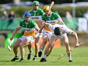 16 April 2023; Rian Boran of Kildare in action against Jack Clancy, left, and Cillian Kiely of Offaly during the Joe McDonagh Cup Round 2 match between Kildare and Offaly at Manguard Plus Kildare GAA Centre in Hawkfield, Kildare. Photo by Stephen Marken/Sportsfile