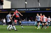 16 April 2023; Cian Kavanagh of Derry City heads to score his side's second goal during the SSE Airtricity Men's Premier Division match between Dundalk and Derry City at Oriel Park in Dundalk, Louth. Photo by Ben McShane/Sportsfile