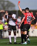 16 April 2023; Wasiri Williams of Dundalk reacts as he is sent off by referee Rob Hennessy during the SSE Airtricity Men's Premier Division match between Dundalk and Derry City at Oriel Park in Dundalk, Louth. Photo by Ben McShane/Sportsfile