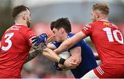 16 April 2023; Stephen O’Hanlon of Monaghan in action against Ronan McNamee, left, and Frank Burns of Tyrone during the Ulster GAA Football Senior Championship Quarter-Final match between Tyrone and Monaghan at O'Neill's Healy Park in Omagh, Tyrone. Photo by Sam Barnes/Sportsfile