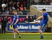 16 April 2023; Conor McManus of Monaghan kicks a free during the Ulster GAA Football Senior Championship Quarter-Final match between Tyrone and Monaghan at O'Neill's Healy Park in Omagh, Tyrone. Photo by Sam Barnes/Sportsfile