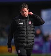 16 April 2023; Derry City head coach Ruaidhrí Higgins reacts after the SSE Airtricity Men's Premier Division match between Dundalk and Derry City at Oriel Park in Dundalk, Louth. Photo by Ben McShane/Sportsfile