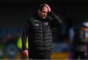 16 April 2023; Derry City head coach Ruaidhrí Higgins reacts after the SSE Airtricity Men's Premier Division match between Dundalk and Derry City at Oriel Park in Dundalk, Louth. Photo by Ben McShane/Sportsfile