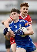 16 April 2023; Stephen O’Hanlon of Monaghan in action against Conor Meyler of Tyrone during the Ulster GAA Football Senior Championship Quarter-Final match between Tyrone and Monaghan at O'Neill's Healy Park in Omagh, Tyrone. Photo by Sam Barnes/Sportsfile