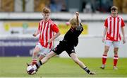 15 April 2023; Callum Curley of St Joseph’s in action against Rian O’Riordan of College Corinthians during the FAI Youth Cup Final match between St Joseph’s AFC, Dublin, and College Corinthians AFC, Cork, at the Carlisle Grounds in Bray, Wicklow. Photo by Seb Daly/Sportsfile