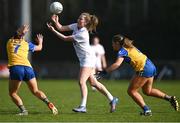 16 April 2023; Aoife Rattigan of Kildare in action against Aine Keane, left, and Gráinne Harvey of Clare during the 2023 Lidl Ladies National Football League Division 3 Final match between Clare and Kildare at Parnell Park in Dublin. Photo by Piaras Ó Mídheach/Sportsfile