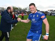 16 April 2023; Conor McManus of Monaghan celebrates with a member of the Monaghan backroom team after his side's victory in the Ulster GAA Football Senior Championship Quarter-Final match between Tyrone and Monaghan at O'Neill's Healy Park in Omagh, Tyrone. Photo by Sam Barnes/Sportsfile