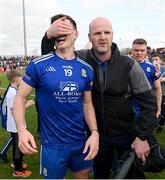 16 April 2023; Shane Carey of Monaghan is congratulated by former Monaghan player Dick Clerkin after the Ulster GAA Football Senior Championship Quarter-Final match between Tyrone and Monaghan at O'Neill's Healy Park in Omagh, Tyrone. Photo by Ramsey Cardy/Sportsfile