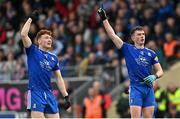 16 April 2023; Shane Carey, right, celebrates kicking a second half point, alongside Monaghan teammate Sean Jones during the Ulster GAA Football Senior Championship Quarter-Final match between Tyrone and Monaghan at O'Neill's Healy Park in Omagh, Tyrone. Photo by Ramsey Cardy/Sportsfile