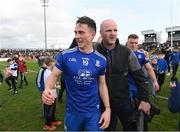 16 April 2023; Shane Carey of Monaghan is congratulated by former Monaghan player Dick Clerkin after the Ulster GAA Football Senior Championship Quarter-Final match between Tyrone and Monaghan at O'Neill's Healy Park in Omagh, Tyrone. Photo by Ramsey Cardy/Sportsfile