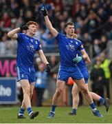 16 April 2023; Shane Carey, right, celebrates kicking a second half point, alongside Monaghan teammate Sean Jones during the Ulster GAA Football Senior Championship Quarter-Final match between Tyrone and Monaghan at O'Neill's Healy Park in Omagh, Tyrone. Photo by Ramsey Cardy/Sportsfile