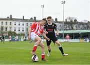 15 April 2023; Alan Seruga of St Joseph’s in action against David Healy of College Corinthians during the FAI Youth Cup Final match between St Joseph’s AFC, Dublin, and College Corinthians AFC, Cork, at the Carlisle Grounds in Bray, Wicklow. Photo by Seb Daly/Sportsfile