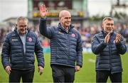 16 April 2023; Damian Loughran of the 1995 Ulster Senior Football Championship winning Tyrone team is honoured at half-time of the Ulster GAA Football Senior Championship Quarter-Final match between Tyrone and Monaghan at O'Neill's Healy Park in Omagh, Tyrone. Photo by Ramsey Cardy/Sportsfile