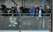 16 April 2023; BBC NI analysts, from left, Mickey Harte, Michael Murphy, Philly McMahon and Oisin McConville watch on during the Ulster GAA Football Senior Championship Quarter-Final match between Tyrone and Monaghan at O'Neill's Healy Park in Omagh, Tyrone. Photo by Ramsey Cardy/Sportsfile