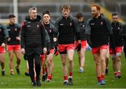 15 April 2023; Derry manager Rory Gallagher, left, in conversation with Brendan Rogers, centre, and Conor Glass before the Ulster GAA Football Senior Championship Quarter-Final match between Fermanagh and Derry at Brewster Park in Enniskillen, Fermanagh. Photo by Ramsey Cardy/Sportsfile