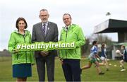 17 April 2023; Uachtarán Chumann Lúthchleas Gael Larry McCarthy, centre, alongside Minister for Public Health, Wellbeing and the National Drugs Strategy Hildegarde Naughton TD, and Head of Healthy Ireland Tom James at the announcement of the Healthy Ireland GAA Clubs walking tracks upgrade grants at Oran Gaelic Football Club in Rockfield, Roscommon. Photo by David Fitzgerald/Sportsfile