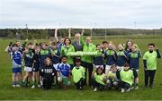 17 April 2023; Uachtarán Chumann Lúthchleas Gael Larry McCarthy, centre, alongside Minister for Public Health, Wellbeing and the National Drugs Strategy Hildegarde Naughton TD, and Head of Healthy Ireland Tom James and Oran GAA players at the announcement of the Healthy Ireland GAA Clubs walking tracks upgrade grants at Oran Gaelic Football Club in Rockfield, Roscommon. Photo by David Fitzgerald/Sportsfile