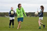 17 April 2023; Minister for Public Health, Wellbeing and the National Drugs Strategy Hildegarde Naughton TD, with Oran GAA players Sheena Harrington, left, and Anna Browne, both age 11, at the announcement of the Healthy Ireland GAA Clubs walking tracks upgrade grants at Oran Gaelic Football Club in Rockfield, Roscommon. Photo by David Fitzgerald/Sportsfile