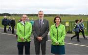 17 April 2023; Uachtarán Chumann Lúthchleas Gael Larry McCarthy, centre, alongside Minister for Public Health, Wellbeing and the National Drugs Strategy Hildegarde Naughton TD, and Head of Healthy Ireland Tom James at the announcement of the Healthy Ireland GAA Clubs walking tracks upgrade grants at Oran Gaelic Football Club in Rockfield, Roscommon. Photo by David Fitzgerald/Sportsfile