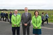 17 April 2023; Uachtarán Chumann Lúthchleas Gael Larry McCarthy, centre, alongside Minister for Public Health, Wellbeing and the National Drugs Strategy Hildegarde Naughton TD, and Head of Healthy Ireland Tom James at the announcement of the Healthy Ireland GAA Clubs walking tracks upgrade grants at Oran Gaelic Football Club in Rockfield, Roscommon. Photo by David Fitzgerald/Sportsfile