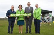 17 April 2023; Uachtarán Chumann Lúthchleas Gael Larry McCarthy, centre, alongside Minister for Public Health, Wellbeing and the National Drugs Strategy Hildegarde Naughton TD, Chairman of Oran GAA club Joe Grady, left, Head of Healthy Ireland Tom James at the announcement of the Healthy Ireland GAA Clubs walking tracks upgrade grants at Oran Gaelic Football Club in Rockfield, Roscommon. Photo by David Fitzgerald/Sportsfile