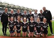 15 April 2023; The Magheracloone team, Monaghan, after the half-time mini games during the Lidl Ladies Football National League Division 2 Final match between Armagh and Laois at Croke Park in Dublin. Photo by Sam Barnes/Sportsfile