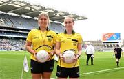 15 April 2023; Referees Zuzanna Linkiewicz and Grace Divine after the half-time mini games during the Lidl Ladies Football National League Division 2 Final match between Armagh and Laois at Croke Park in Dublin. Photo by Sam Barnes/Sportsfile