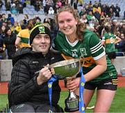 15 April 2023; Kerry captain Síofra O'Shea and Kerry PRO Paul Murphy with the cup after the Lidl Ladies Football National League Division 1 Final match between Kerry and Galway at Croke Park in Dublin. Photo by Sam Barnes/Sportsfile