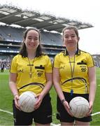 15 April 2023; Half time mini games referees Helena Downes of Clooney Quin, Clare, and Hannah Monaghan of St Pauls Holywood, Down, during the Lidl Ladies Football National League Division 1 Final match between Kerry and Galway at Croke Park in Dublin. Photo by Sam Barnes/Sportsfile