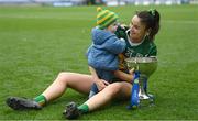 15 April 2023; Louise Galvin of Kerry with her son Florian and the cup after the Lidl Ladies Football National League Division 1 Final match between Kerry and Galway at Croke Park in Dublin. Photo by Brendan Moran/Sportsfile