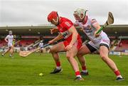 16 April 2023; John Mullan of Derry in action against Dean Rafferty of Tyrone during the Christy Ring Cup Round One match between Tyrone and Derry at O'Neill's Healy Park in Omagh, Tyrone. Photo by Ramsey Cardy/Sportsfile
