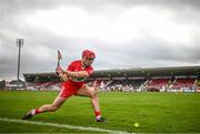 16 April 2023; John Mullan of Derry takes a sideline cut during the Christy Ring Cup Round One match between Tyrone and Derry at O'Neill's Healy Park in Omagh, Tyrone. Photo by Ramsey Cardy/Sportsfile