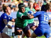 15 April 2023; Linda Djougang of Ireland in action against Michela Sillari, right, and Varonica Madia of Italy during the Tik Tok Womens Six Nations Rugby Championship match between Italy and Ireland at Stadio Sergio Lanfranchi in Parma, Italy. Photo by Roberto Bregani/Sportsfile