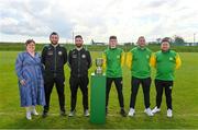 21 April 2023; In attendance from left, Cockhill Celtic club secretary Kara Doherty, manager Gavin Cullen, captain James Bradley, Rockmount Celtic AFC player Luke Casey, manager Edward Kenny and club secretary Alan Corcoran during the FAI Intermediate Cup Final media event at FAI HQ in Abbotstown, Dublin. Photo by Ben McShane/Sportsfile