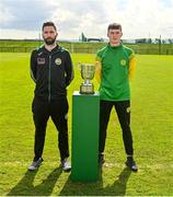 21 April 2023; Cockhill Celtic captain James Bradley, left, and Rockmount AFC player Luke Casey during the FAI Intermediate Cup Final media event at FAI HQ in Abbotstown, Dublin. Photo by Ben McShane/Sportsfile
