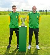 21 April 2023; Rockmount AFC player Luke Casey and manager Edward Kenny during the FAI Intermediate Cup Final media event at FAI HQ in Abbotstown, Dublin. Photo by Ben McShane/Sportsfile