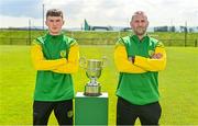 21 April 2023; Rockmount AFC player Luke Casey and manager Edward Kenny during the FAI Intermediate Cup Final media event at FAI HQ in Abbotstown, Dublin. Photo by Ben McShane/Sportsfile
