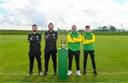 21 April 2023; In attendance, from left, Cockhill Celtic captain James Bradley, Cockhill Celtic manager Gavin Cullen, Rockmount AFC manager Edward Kenny and Rockmout AFC player Luke Casey during the FAI Intermediate Cup Final media event at FAI HQ in Abbotstown, Dublin. Photo by Ben McShane/Sportsfile
