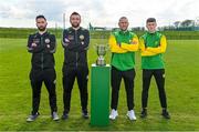 21 April 2023; In attendance, from left, Cockhill Celtic captain James Bradley, Cockhill Celtic manager Gavin Cullen, Rockmount AFC manager Edward Kenny and Rockmout AFC player Luke Casey during the FAI Intermediate Cup Final media event at FAI HQ in Abbotstown, Dublin. Photo by Ben McShane/Sportsfile