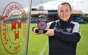 20 April 2023; Megan Smyth-Lynch of Shelbourne FC with her SSE Airtricity Player of the Month award for March 2023 at Tolka Park in Dublin. Photo by Sam Barnes/Sportsfile