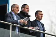 16 April 2023;  BBC NI analysts, from left, Mickey Harte, Michael Murphy, and Oisin McConville, watch on during the Ulster GAA Football Senior Championship Quarter-Final match between Tyrone and Monaghan at O'Neill's Healy Park in Omagh, Tyrone. Photo by Sam Barnes/Sportsfile