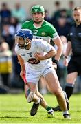 16 April 2023; Jack Travers of Kildare in action against Brian Duignan of Offaly during the Joe McDonagh Cup Round 2 match between Kildare and Offaly at Manguard Plus Kildare GAA Centre in Hawkfield, Kildare. Photo by Stephen Marken/Sportsfile