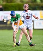 16 April 2023; Adrian Cleary of Offaly in action against Declan Flaherty of Kildare during the Joe McDonagh Cup Round 2 match between Kildare and Offaly at Manguard Plus Kildare GAA Centre in Hawkfield, Kildare. Photo by Stephen Marken/Sportsfile