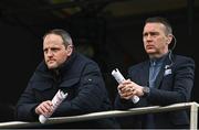 16 April 2023; BBC NI analysts Michael Murphy, left, and Oisin McConville watch on during the Ulster GAA Football Senior Championship Quarter-Final match between Tyrone and Monaghan at O'Neill's Healy Park in Omagh, Tyrone. Photo by Sam Barnes/Sportsfile