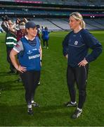 16 April 2023; Galway coaches Molly Dunne, left, and Cora Staunton after the Very Camogie League Final Division 1A match between Kerry and Meath at Croke Park in Dublin. Photo by Eóin Noonan/Sportsfile