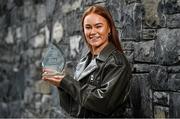 18 April 2023; Kate Kenny is pictured with The Croke Park/LGFA Player of the Month award for March 2023, at The Croke Park in Jones Road, Dublin. Offaly star Kate was in sparkling form for her college, DCU Dóchas Éireann, as they captured the 2023 Yoplait O’Connor Cup title. Kate scored 1-4 in the semi-final victory over TU Dublin and followed that up with a haul of 1-10 in a Player of the Match display against University of Limerick in the Final at the Connacht GAA University of Galway Air Dome on March 11. Photo by David Fitzgerald/Sportsfile
