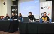 18 April 2023; In attendance, from left, are Meath ladies footballer Vikki Wall, GPA national Executive committee co-chairpersons Matthew O’Hanlon and Maria Kinsella, GPA chief executive officer Tom Parsons, and Kilkenny Camogie player Grace Walsh, during the GPA State of Play Equality Report launch at Radisson Blu Hotel at Dublin Airport. Photo by Seb Daly/Sportsfile